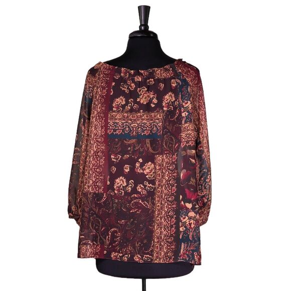 Chaps Ralph Lauren Women's Blouse Floral Paisley Patchwork Peasant Boho Top PL - Picture 2 of 8